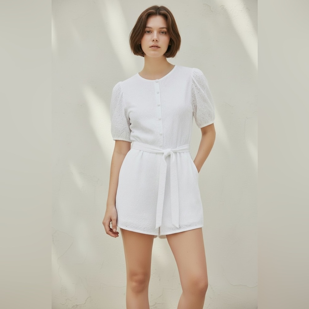 Nasty Gal White Eyelet Textured Button-Up Romper